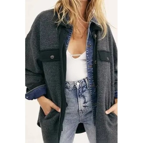 Free People Jackets & Blazers - Free People Ruby Jacket Charcoal Grey Black Fleece Oversized Shacket Womens M
